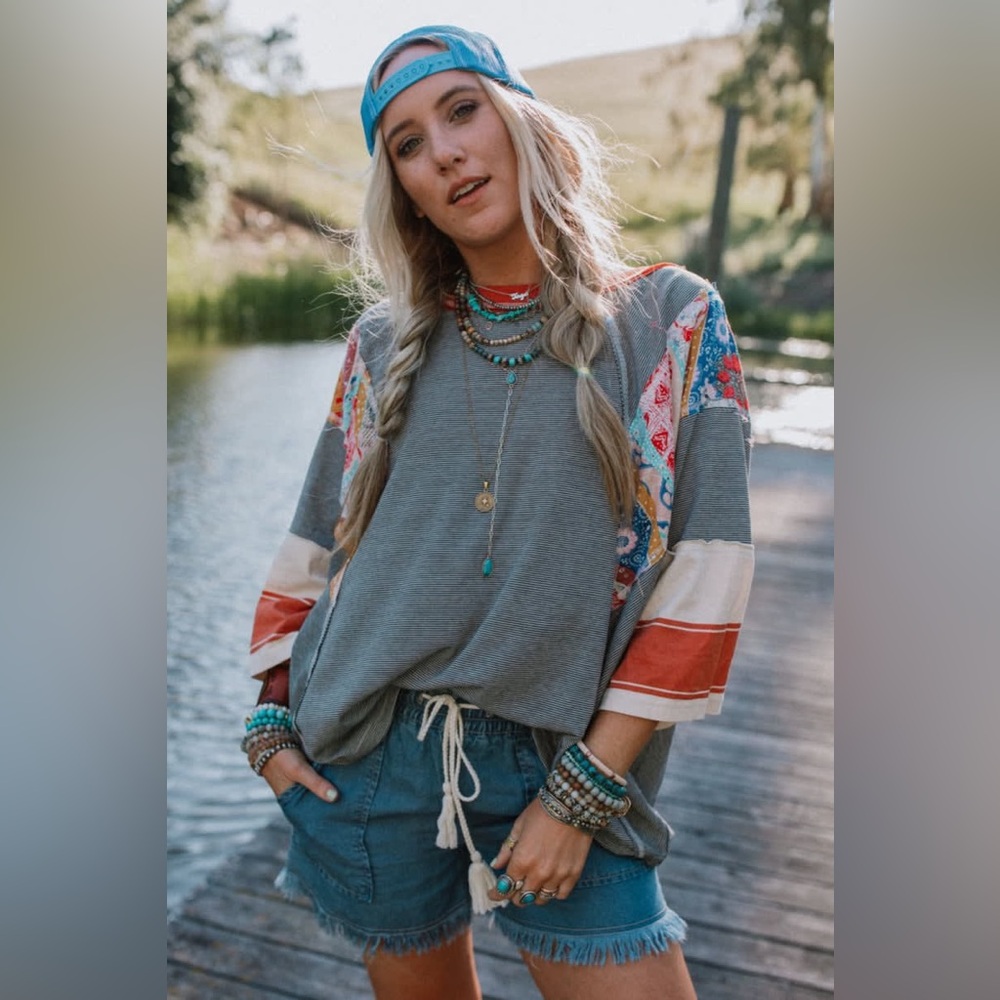 Easel Britt Patchwork Mixed Print Multi Color Str… - image 2